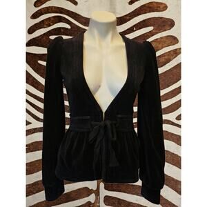 Vintage Y2K Juicy Couture Black Velour Jacket Peplum Hem Belt Tie Long Sleeve P